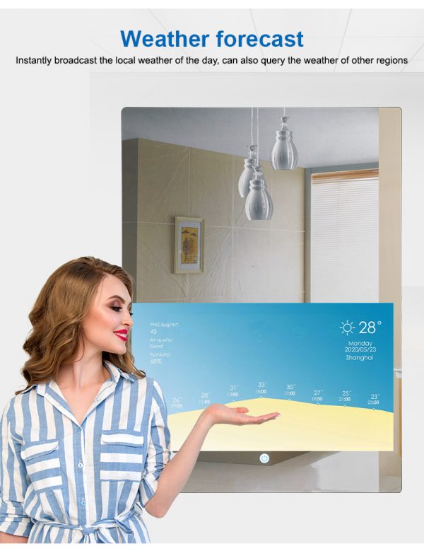 Bathroom digital signage smart mirror 21.5 inch screen music play with wifi weather report clock alarm anti fog - Image 3