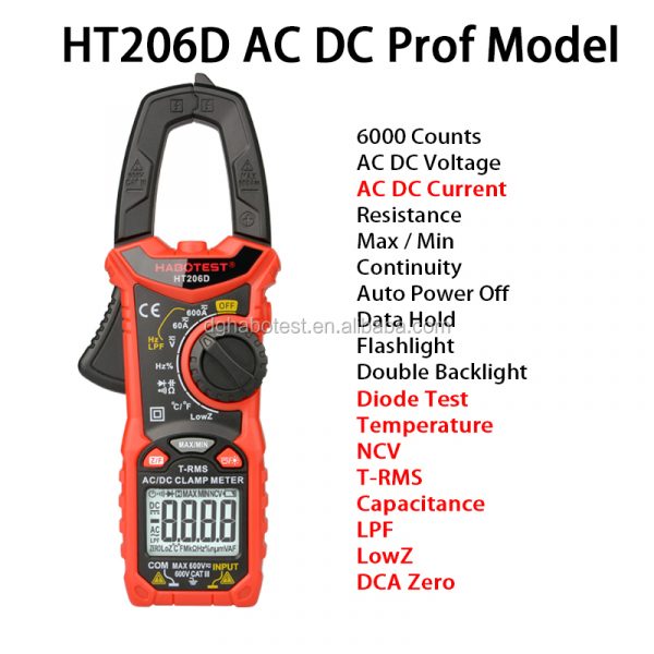 Top Quality Habotest HT206D AC/DC Clamp Meter Multimeter 600v 6000A 6000Counts   With 100mF Capacitance 10MHZ Frequency - Image 5
