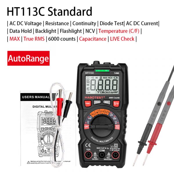 HABOTEST HT113C Functional Digital Multimeter 600V Voltmeter 10A Ammeter 60M Ohm Resistance Measurement 6000 Counts Tester - Image 4