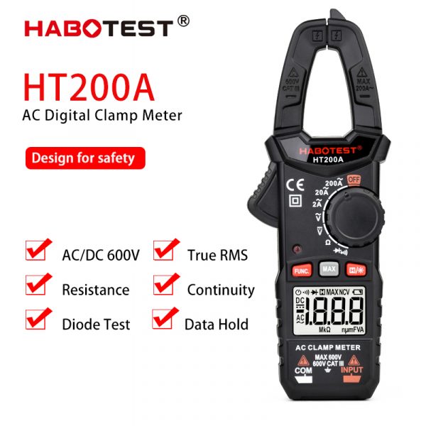 Current Clamp Meter HABOTEST HT200A Clamp Multimeter Mini Digital Pinza Amperimetrica Transistor Tester AC DC 600V 200A with CE - Image 2