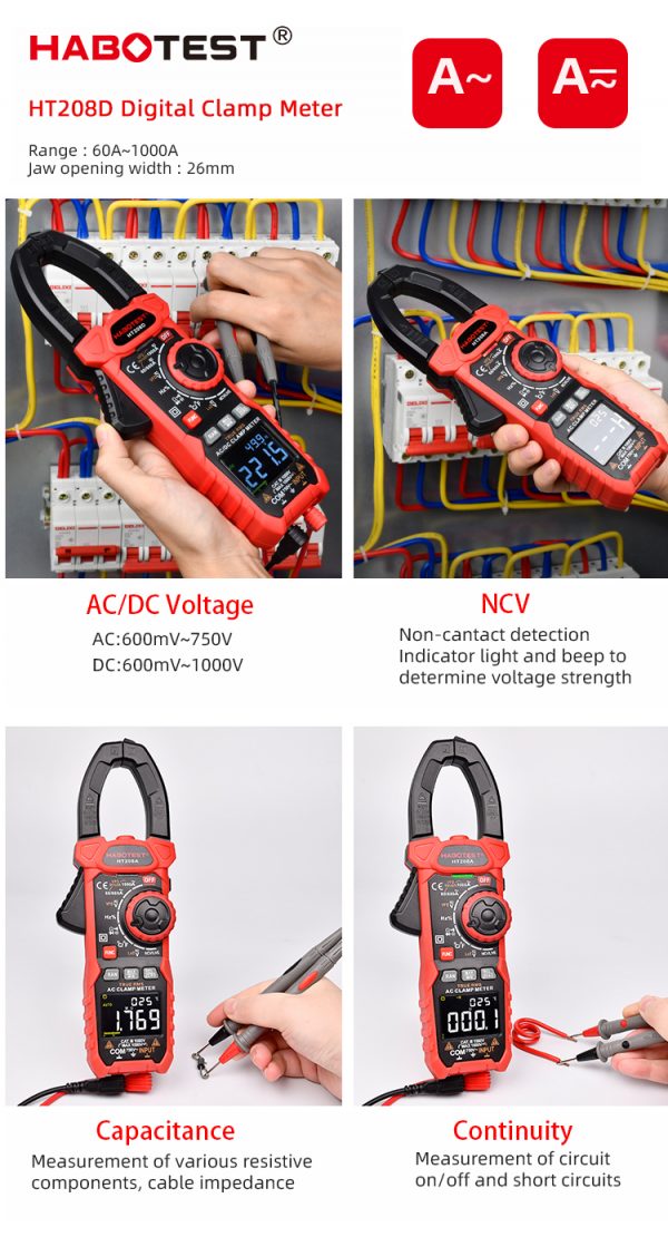 HT208D AC/DC Digital Clamp Meter 6000 Counts Resistance NCV T-RMS Capacitance  Diode Test VFD Continuity - Image 5