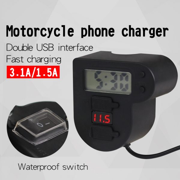 3A Motorcycle USB Charger Waterproof With Clock Dual Usb Voltmeter - Image 3