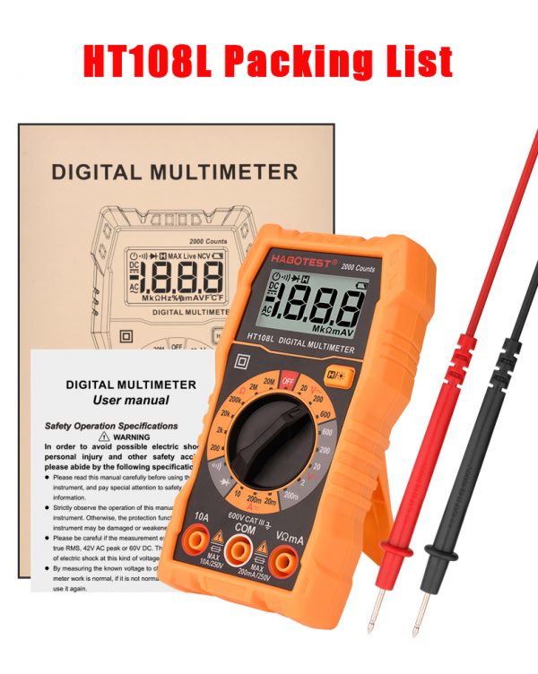 Portable Digital Multimeter HT108L Professional Ammeter Voltmeter HD Display 2000 Counts Diode Ohm Tester Double Fuse Protection - Image 5