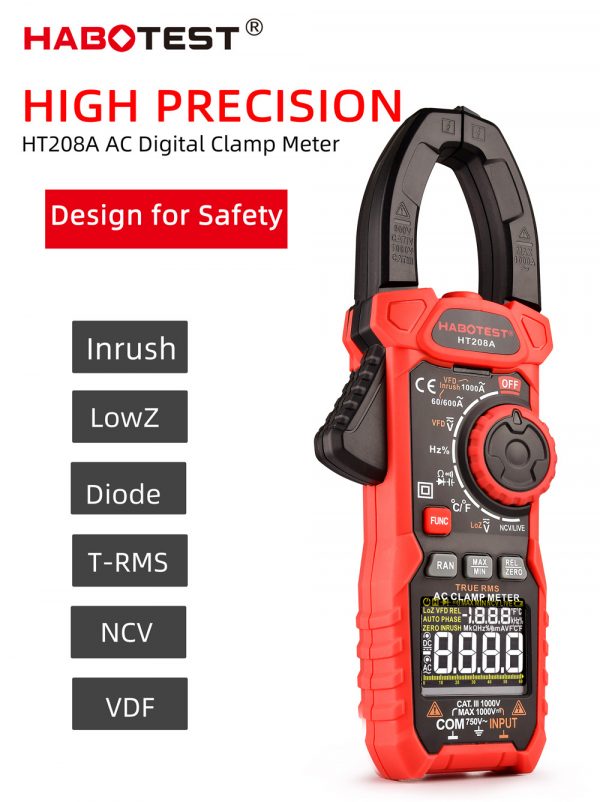 NCV Digital Clamp Meter AC 6000 Counts Continuity T-RMS Ohm Diode Test Capacitance Inrush VFD MAX  HABOTEST