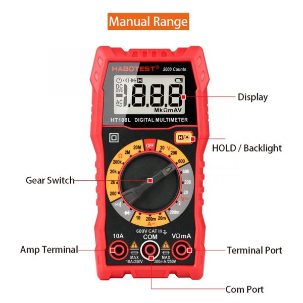 Upgraded Version Digital Multimeter True RMS 600V 10A 20Ohm Diode Tester Meter Backlight HABOTEST HT108L Red Mini Pocket Size - Image 4