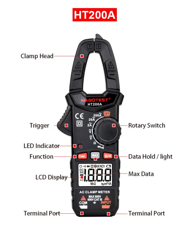 Current Clamp Meter HABOTEST HT200A Clamp Multimeter Mini Digital Pinza Amperimetrica Transistor Tester AC DC 600V 200A with CE - Image 4
