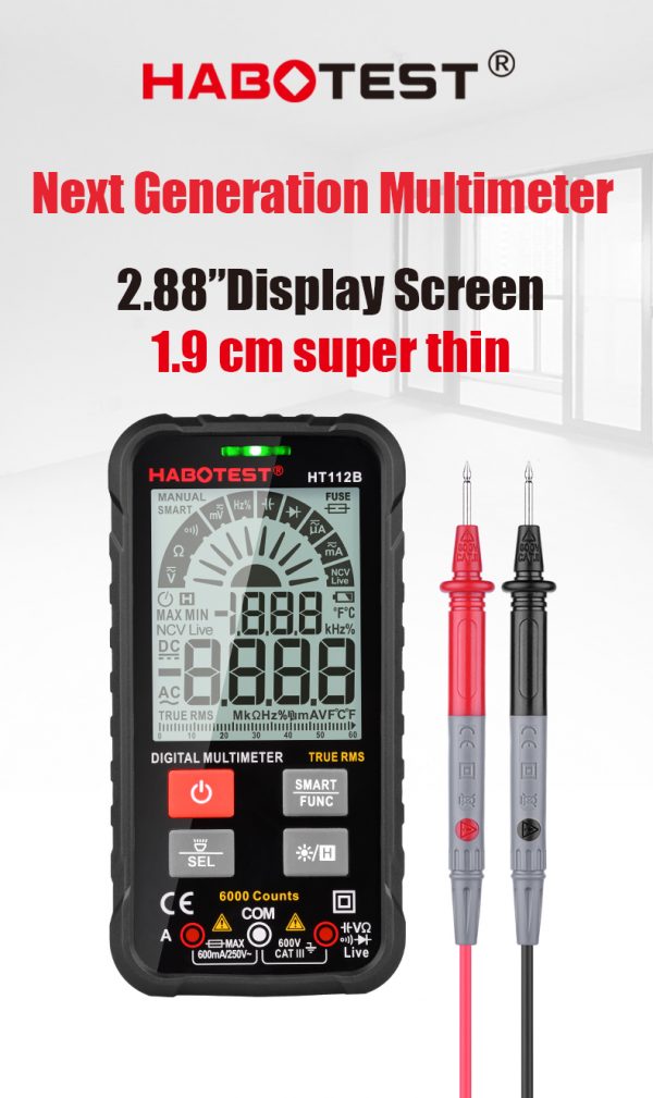 Habotest Intelligent Multimeter HT112B Auto Range with 6000 counts for Temperature Capacitance Frequency Diodes