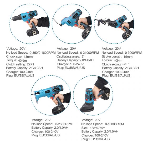 20V Power Tool 5-in-1 Combo kit Drill jig saw reciprocating saw oscillating tool Mouse Sander attachments chargering drill