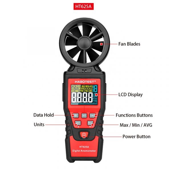 HABOTEST Anemometer Digital Wind Speed Meter HT625A Air Flow Gauge Meter Data Hold Air Volume Speed Scale MAX MIN AVG - Image 2