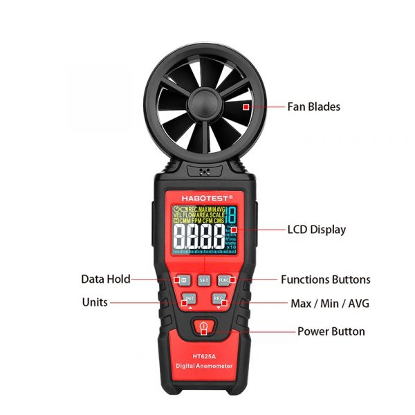 Habotest HT625A Digital Wind Speed Meter for  Measuring Wind Speed Air Velocity with Backlight Max/Min/Avg Functions - Image 6