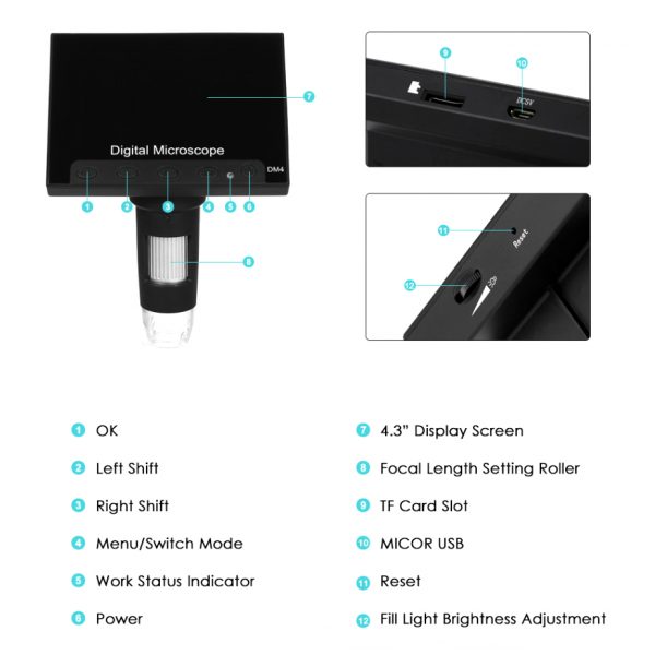 1080P LED Digital Magnifier 1000X 4.3 LCD Display Dm4 Portable Electric Microscope with Holder Base For Cellphone Repair - Image 4