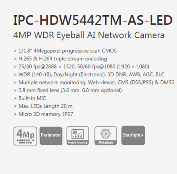DH OEM  Original  IPC-HDW5442TM-AS-LED 4MP WDR Eyeball AI people counter network CCTV Camera